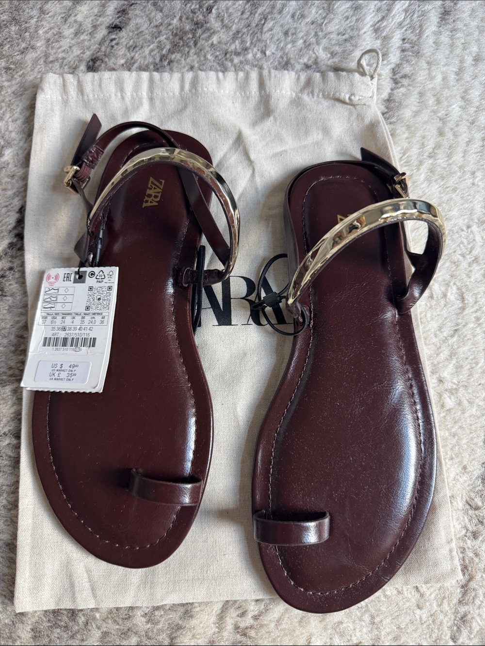 NWT Zara Brown Leather Toe-Ring Sandals with Gold Accent Strap